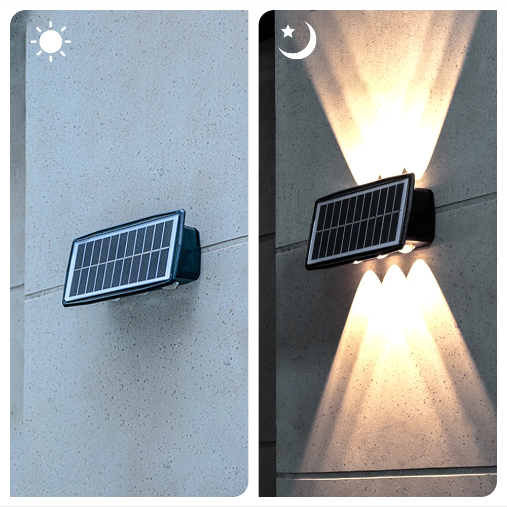 6LED Super Bright Warm White Solar Lights Up Down Outdoor Waterproof Wall Lamp for Garden Yard Porch Fence Decoration