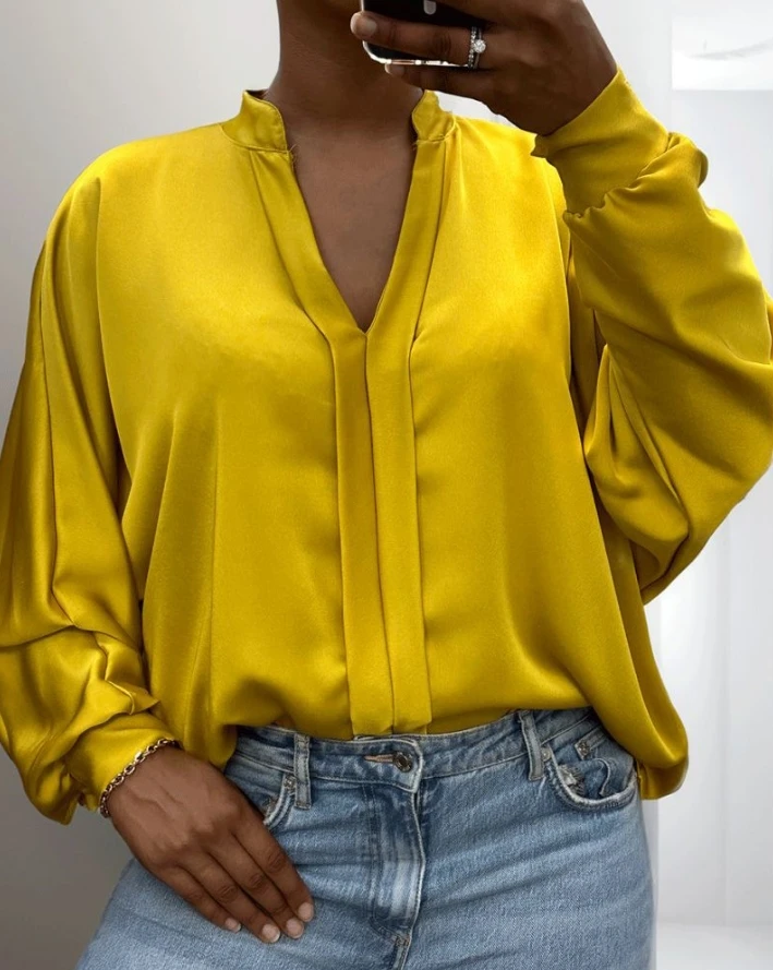 2023 Spring New Fashion Women Blouse Long Sleeve Satin Batwing Sleeve Stand Collar Top Casual Loose Shirts Elegant Office Lady