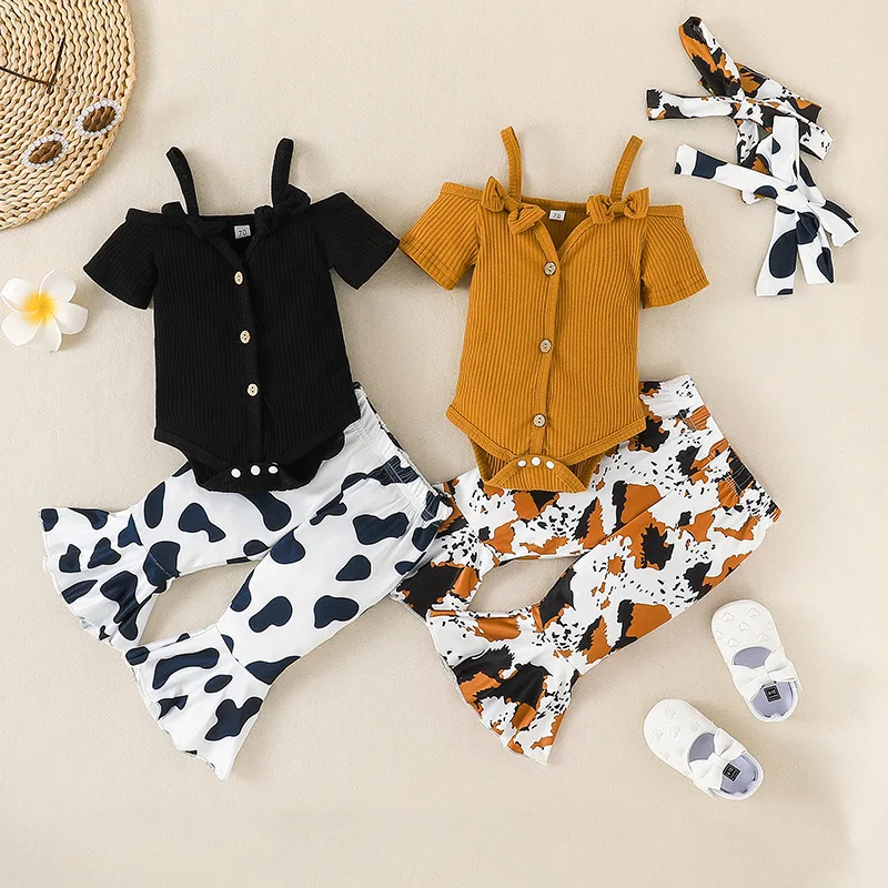 

Infant Baby Girls Two-piece Summer Clothes Set Solid Color Ribbed Suspender Jumpsuit Romper Floral Print Flared Trousers 40
