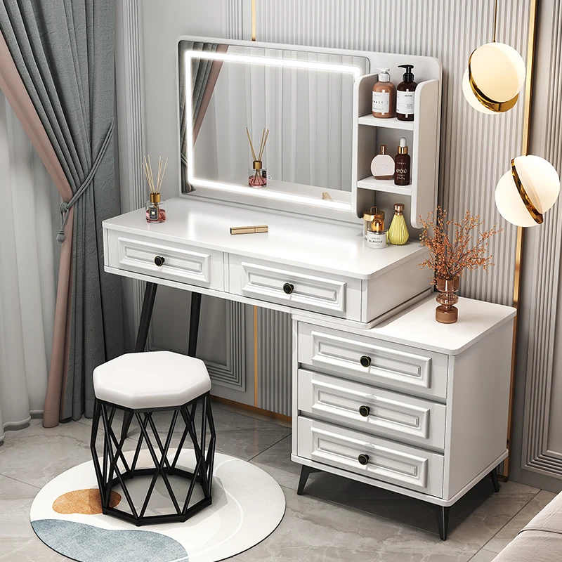 

Luxury Led Mirror Makeup Table Drawer Storage Organizer Jewelry Vanity Tables Chair Cosmetic Tavolo Da Trucco Furniture LJ50DT