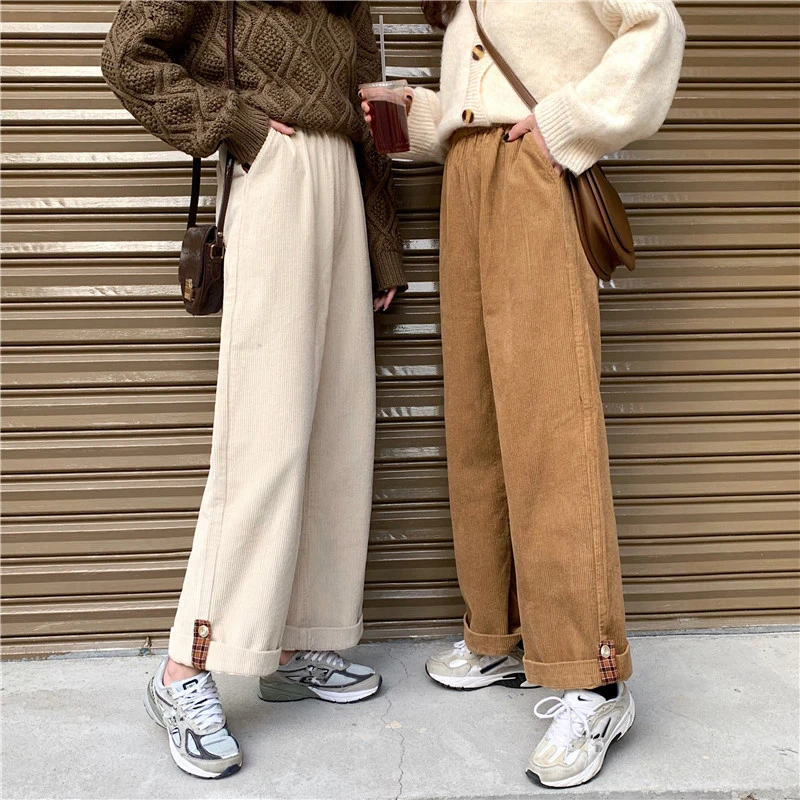 New High Waist Corduroy Trousers Female Chic Autumn Winter Korean Style Women's Loose Thin Straight Wide Leg Casual Pants Pocket black ripped jeans