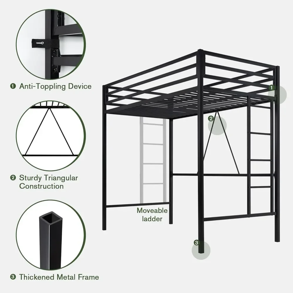 Bunk Beds Loft Bed Frame for Juniors & Adults, Metal Loft Bed Twin Size with Safety Guardrail & Removable Ladder,  Toddler Bed 3