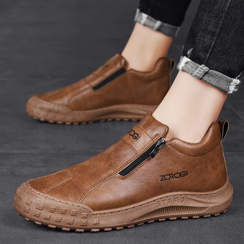 Spring Hot Sale Outdoor Casual Shoes Men Fashion Mid-top Work Shoes Men Zipper Sports Shoes Comfort Driving Loafers Men Sneakers 4