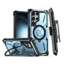 Armor Rugged Magnetic Phone Case with Ring Holder and Belt Clip Holster for Galaxy S23 Plus (Blue)