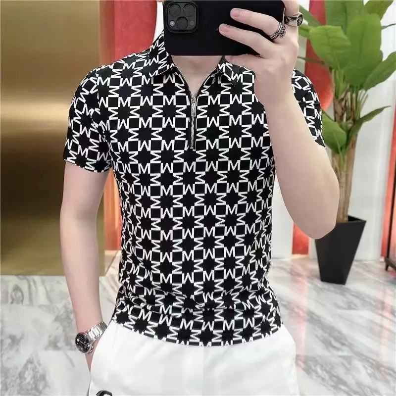 

Men's Zipper Lapel T-Shirt, Men's Fashion, Slim Fit, Versatile Print, Personality Ruffian, Short Sleeve Polo Shirt