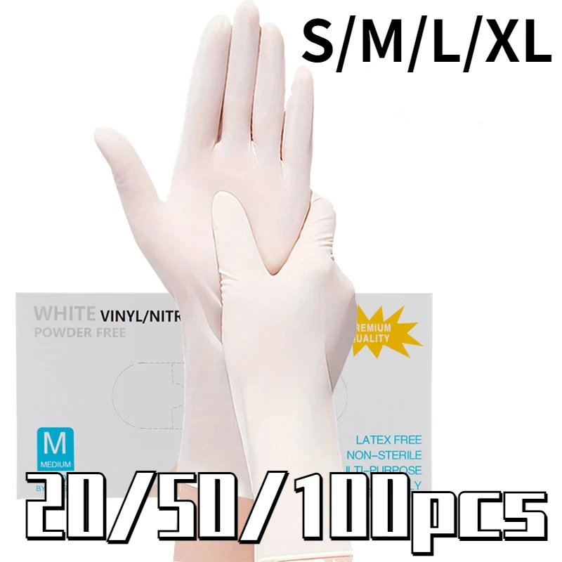 Disposable Gloves 100/50/20PCS White Nitrile Waterproof Hair Care Tattoos Household Dishwashing Cleaning Tools