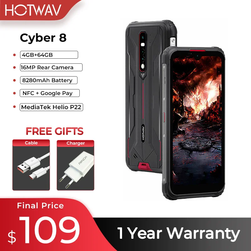 

HOTWAV CYBER 8 Rugged 4GB 64GB IP68 Waterproof 8280mAh Battery 16MP Rear Camera 6.3 Inch HD NFC Android 11