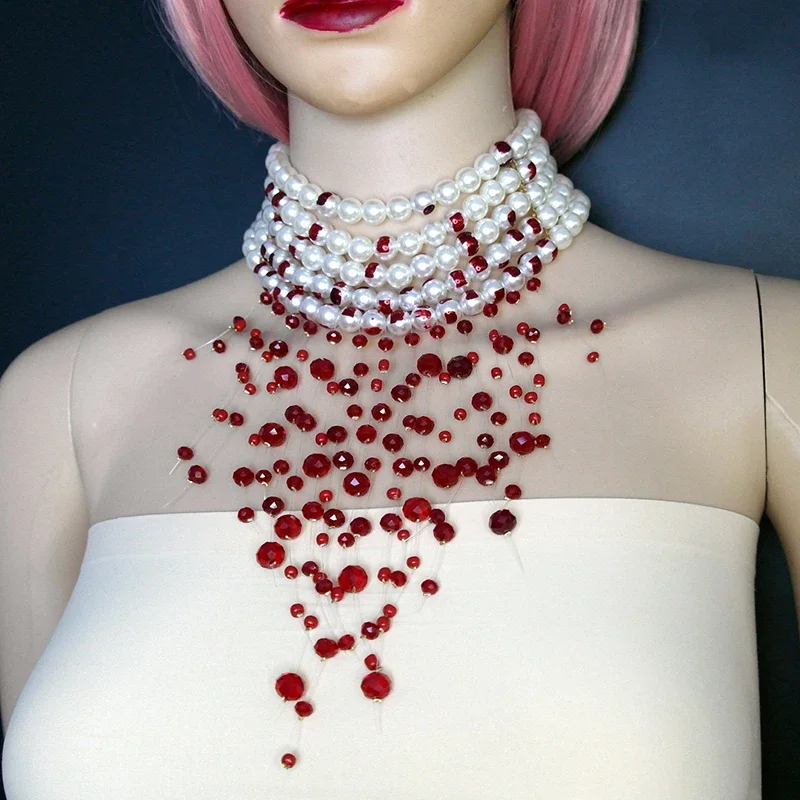 Halloween Blood Pattern Pearl Necklace Women Fashion Multi-layer Imitation Pearl Tassel Short Necklace Gothic Party Jewelry Gift