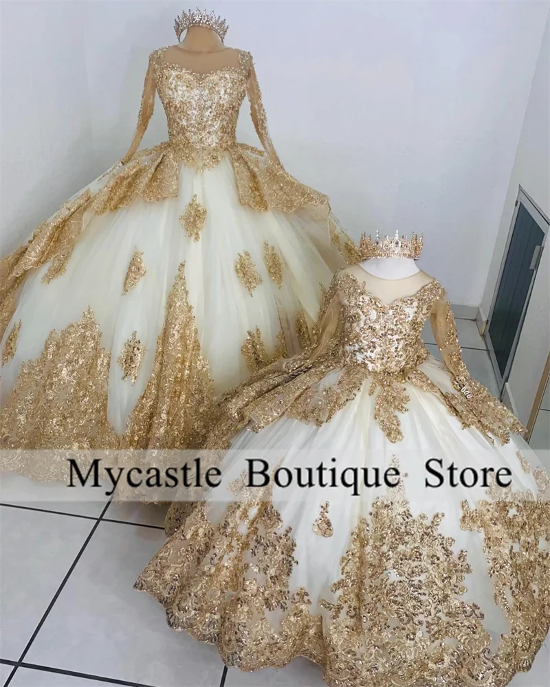 

Champagne Princess Quinceanera Dresses 2023 Long Sleeve Ball Gown Applique Pearls Sweet 16 Dress Vestidos De 15 Años