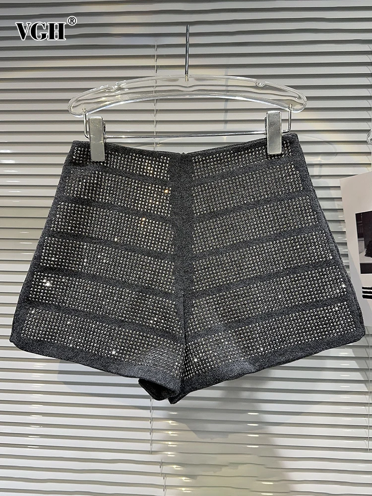 

VGH Solid Patchwork Diamonds Wide Leg Shorts For Women High Waist Spliced Zipper Slimming Sexy Short Pants Female Fashion New