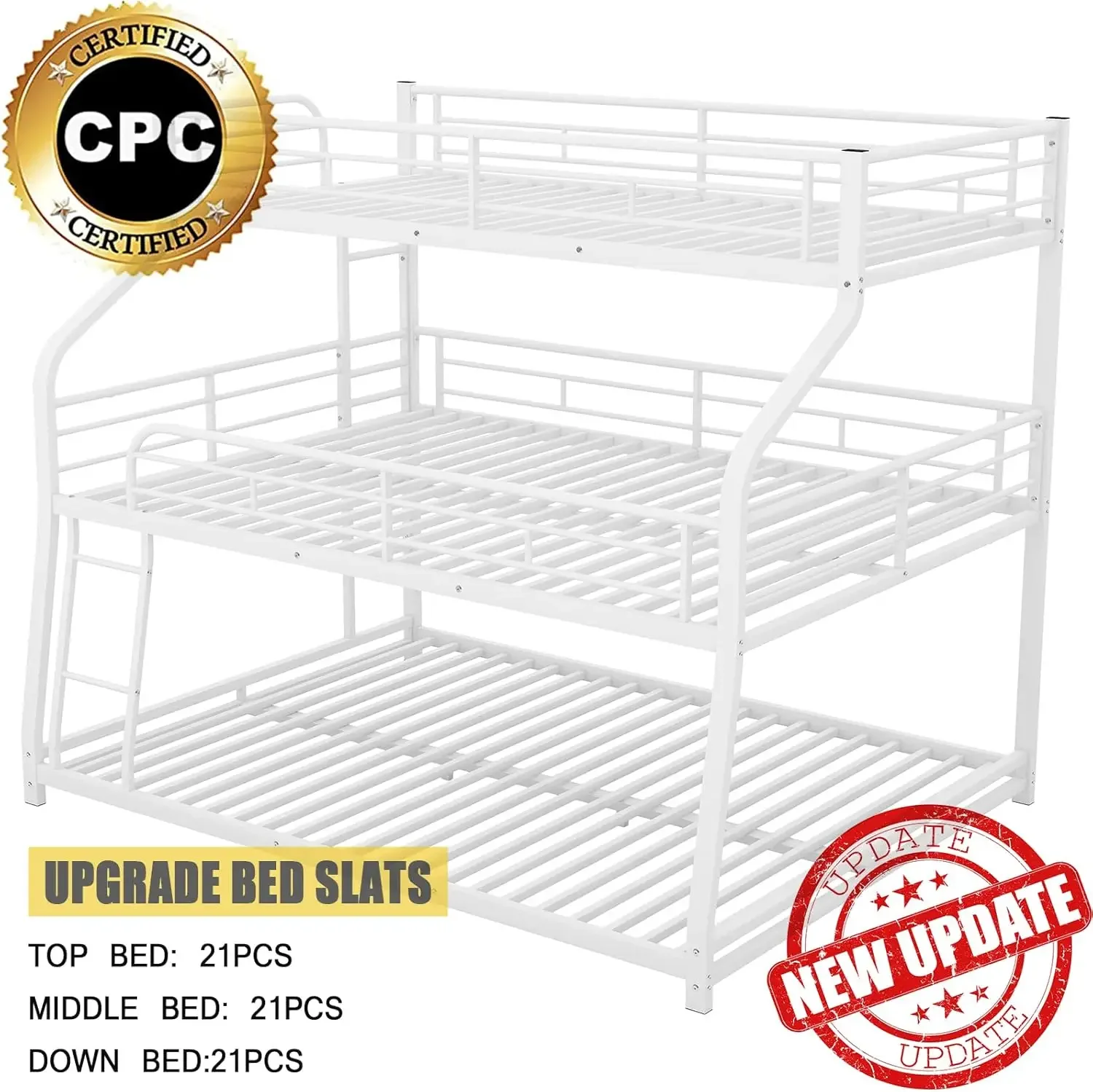 3 in 1 Triple Bed,Heavy Duty 3 Beds Bunk Bed with Guard Rails & 2 Ladders for Kids,Teens, Adults,White 4