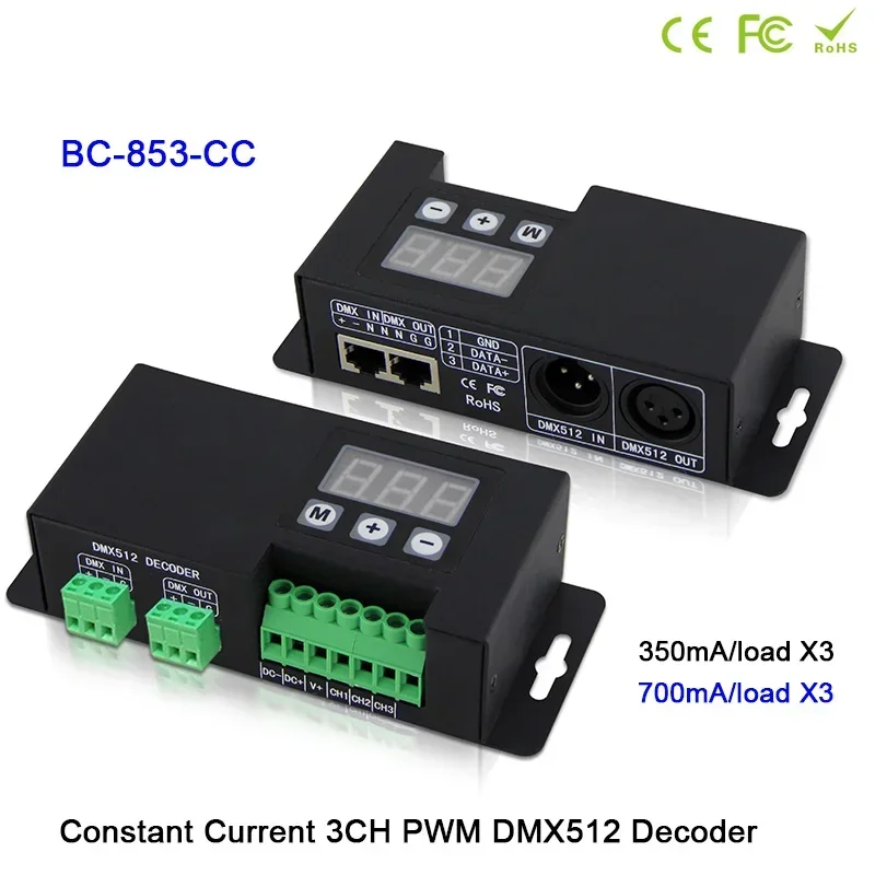 

350mA/700mA CC LED DMX512 Decoder 12V-48V 24V standard DMX512/1990 signal to PWM signal 3CH Dimmer DMX RGB LED Lights Controller