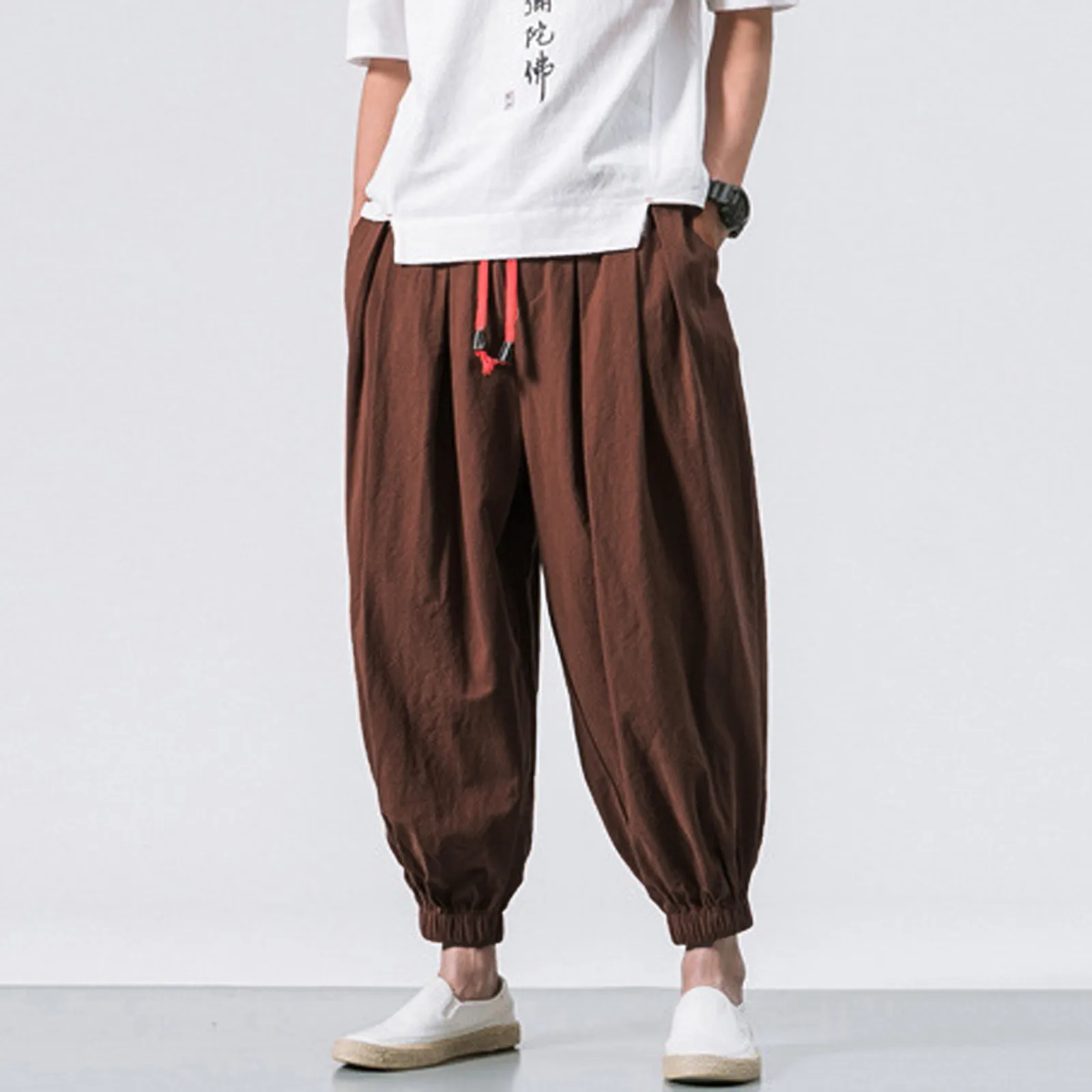 47559-cc31e1.jpg Men's Fashion Cotton Linen Casual Solid Colors Loose Trousers Breathable Japanese Style Elastic Waist Harem Pants Plus Size#g3 - Image 1