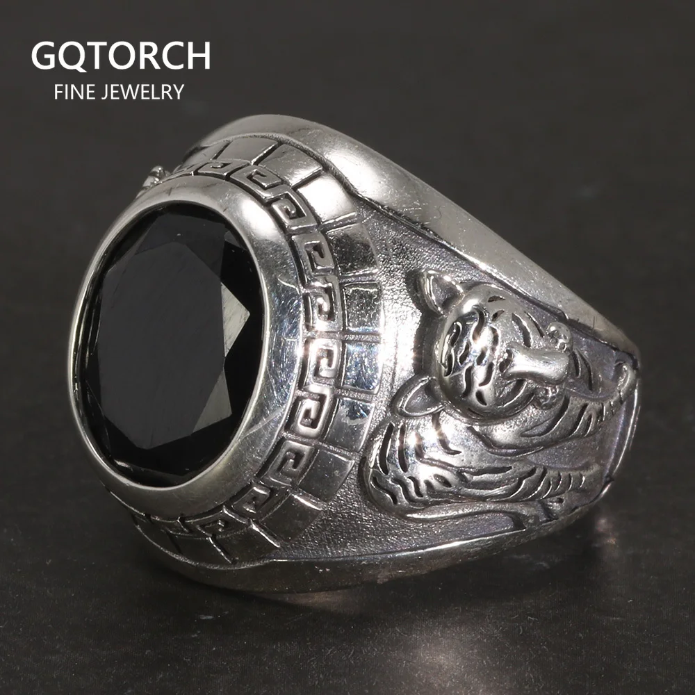 Men's Black Onyx Ring - Men's Silver Ring with Engraving - 925 Silver