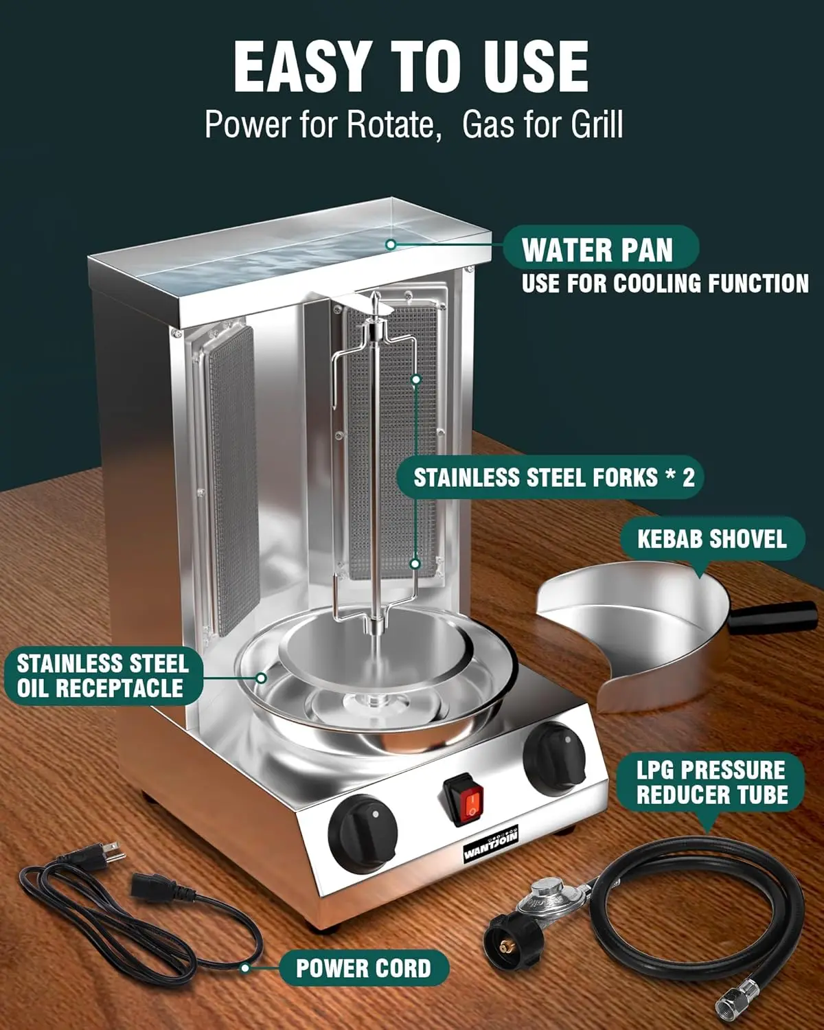 Shawarma Grill Machine, Gas Vertical Rotisserie with 2 Burners for Home, Countertop Rotating Doner Kebab Oven Broiler Gyro Maker 4