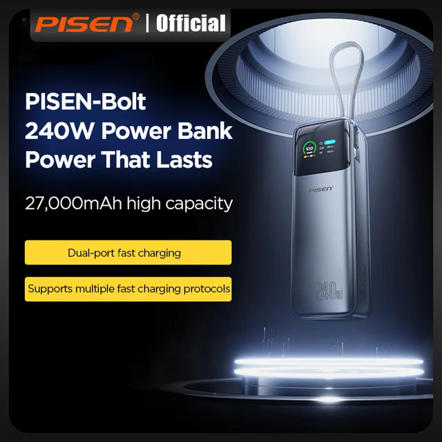 PISEN 240W Power bank à charge ultra-rapide 27000mAh pour ordinateur portable, câble USB C intégré 140W avec Powerbank pour Macbook, ordinateur portable, iPad 1