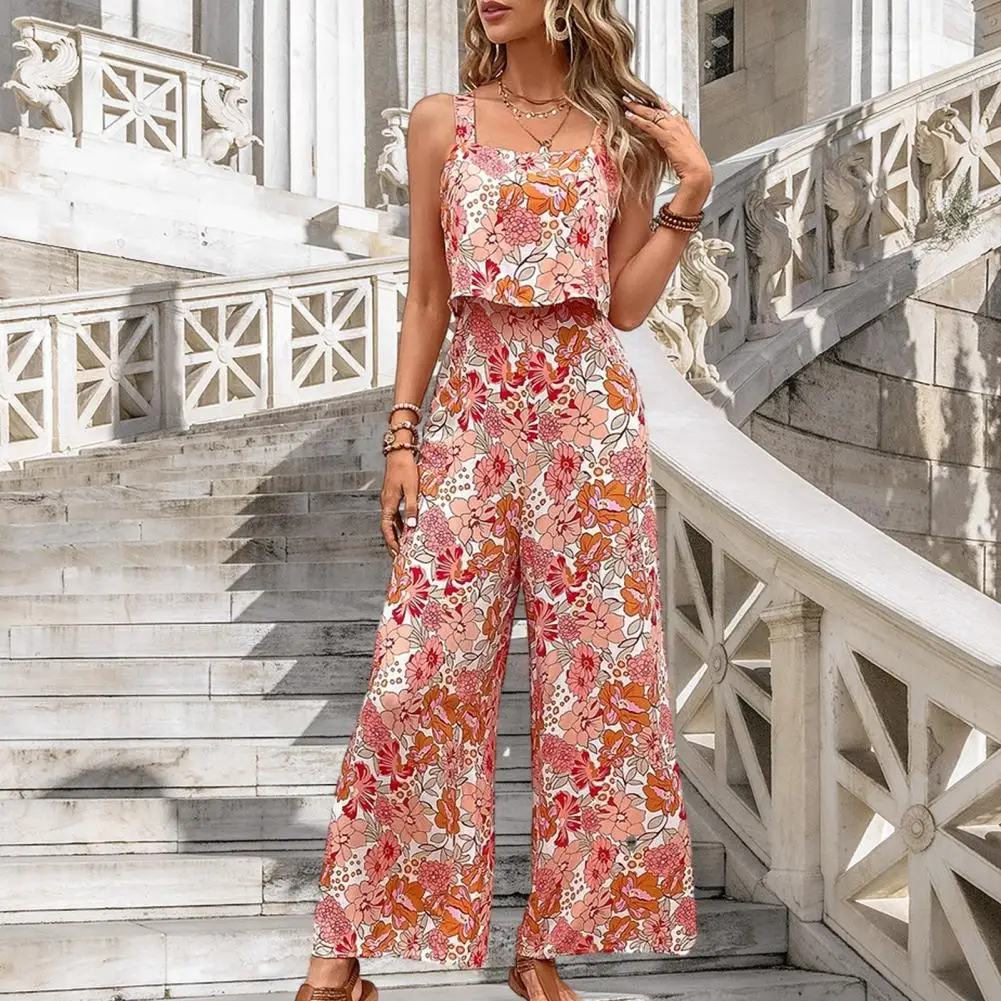Women's Summer Jumpsuit Backless Fake Two-Piece Wide Leg Loose Printed Women's Vacation Beach Jumpsuit