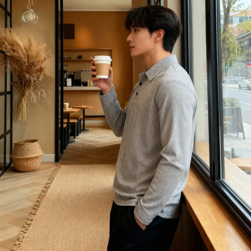 Urban style men’s long sleeve polo shirt solid color design