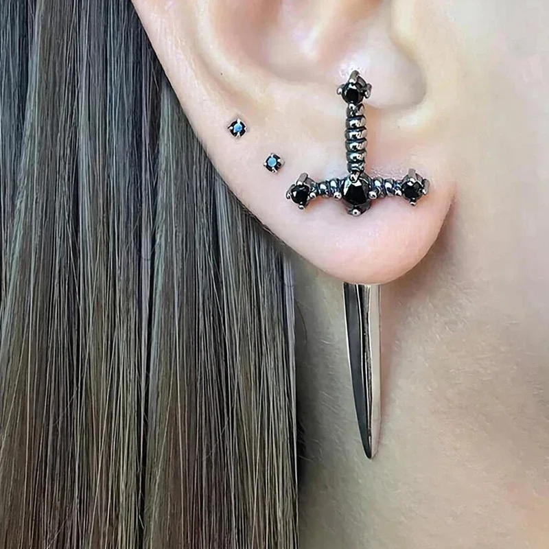 Hip Hop Cross Sword Stud Earrings Women Classic Crystal Stone Silver Ox Gold Color Personality Simple Jewelery