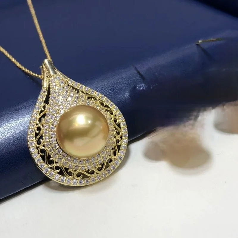 

good-looking AAA 10-11mm South China Sea Round Gold Pearl Pendant Necklace 925s