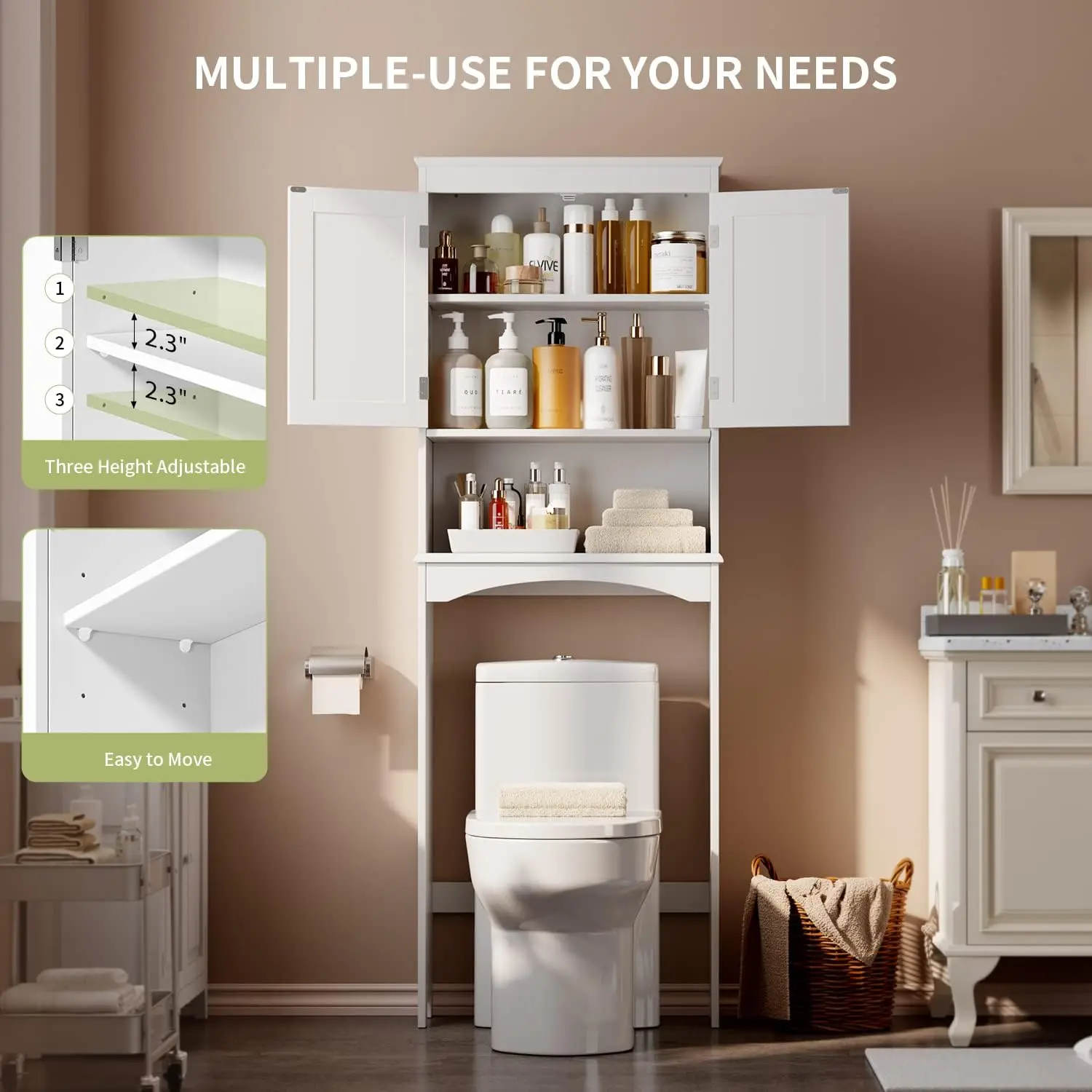 Over The Toilet Storage Cabinet bathroom furniture with Adjustable Shelf and Double Doors, Bathroom Space Saver Organizer Above Toilet with Open Sh