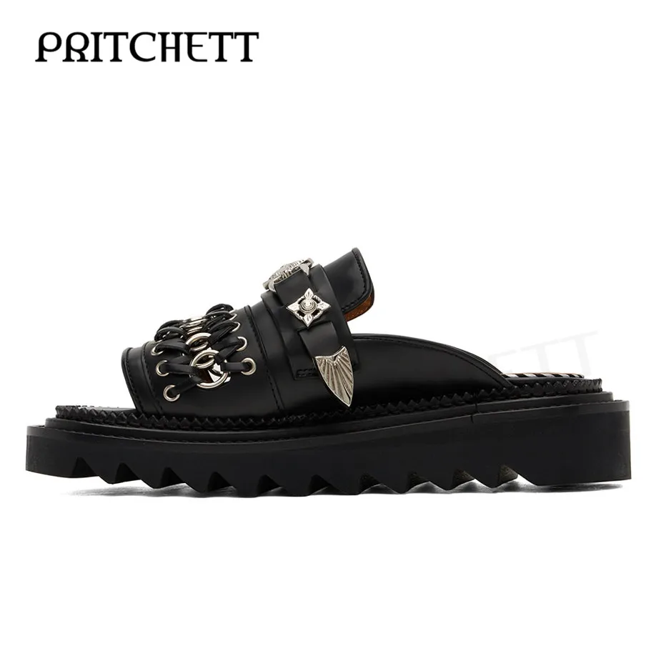 Retro Belt Buckle Open-Toe Slippers Black and White Round Toe Lace-Up Ring Platform Sandals Casual and Comfortable Women's Shoes