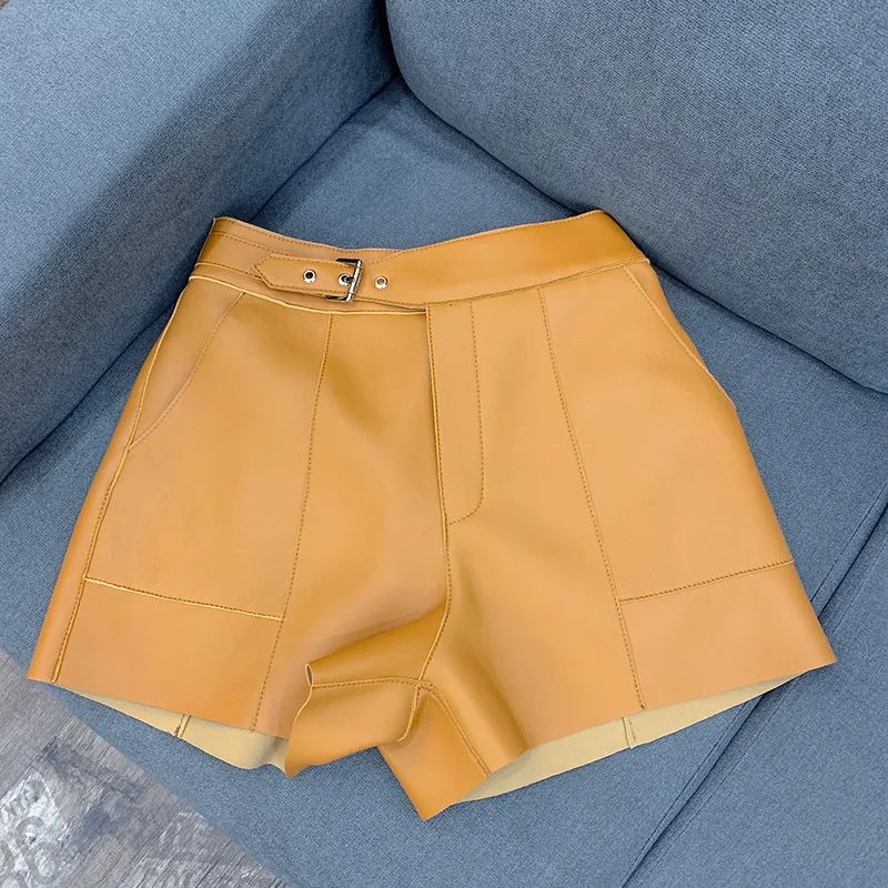 Autumn New Designer Women's High Quality Genuine Leather High-rise Wide-leg Shorts A891