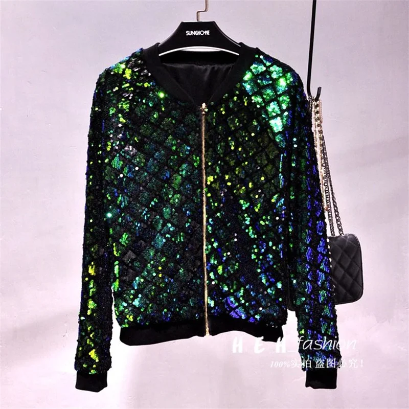 

Spring Women Sequin Coat Green Bomber Jacket Long Sleeve Zipper Streetwear Tunic Loose Casual Girls Harajuku Short Outerwear