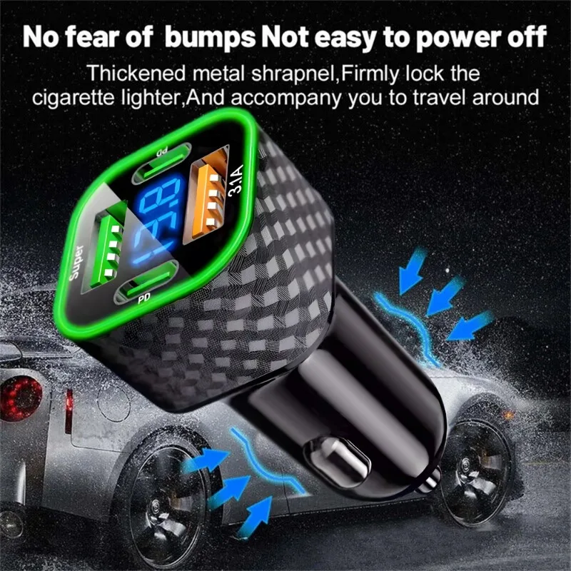 380W USB Car Phone Charger Dual PD 4 In 1 With Voltage Display Super Fast Charge Adapter For IPhone Xiaomi Samsung_voghion.com