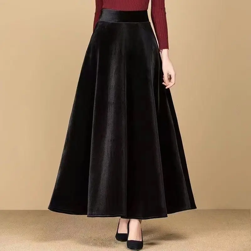Autumn and Winter Women's Half Length A-line Fashion Gold Velvet Versatile Slim Fit Casual High Waist Slim Fashion Long Dress