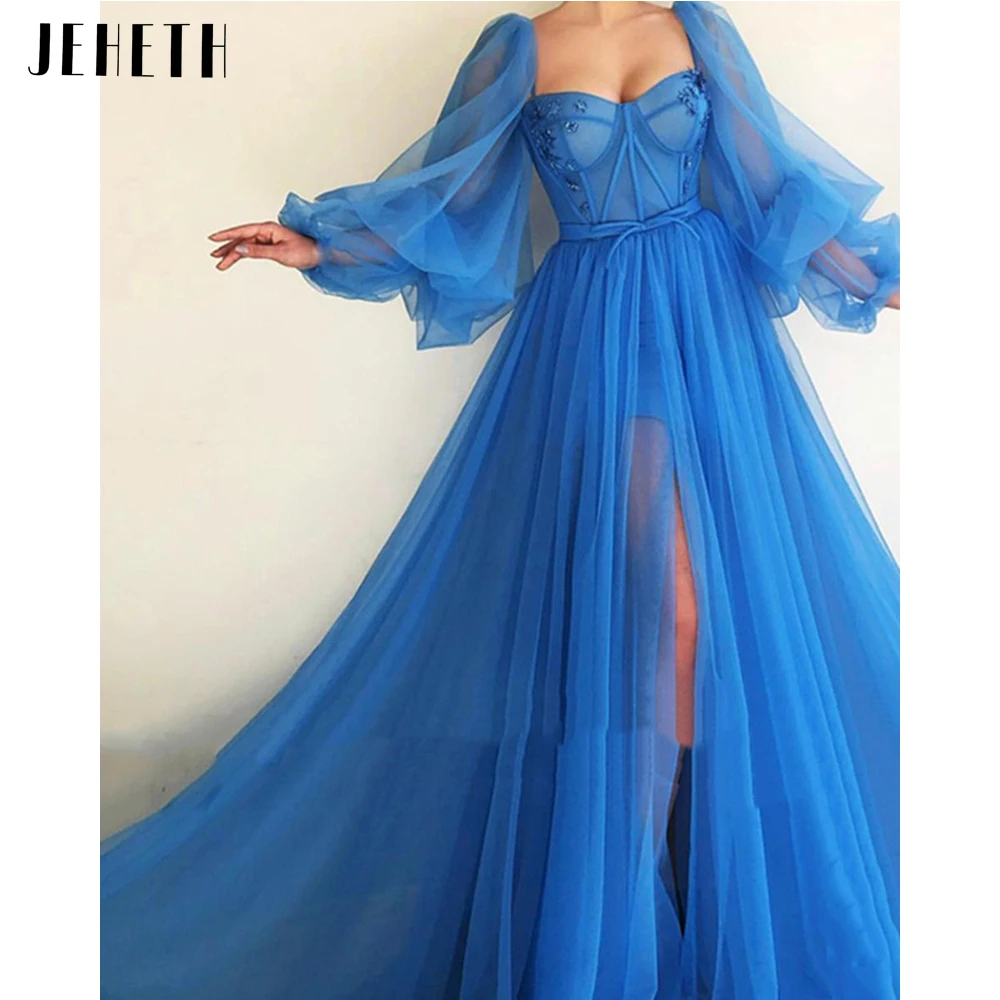 

JEHETH Fashion Luxury A-Line Prom Dresses Blue Long Tulle Puff Sleeve Women's Evening Gowns Sweetheart Party Dress Side Slit