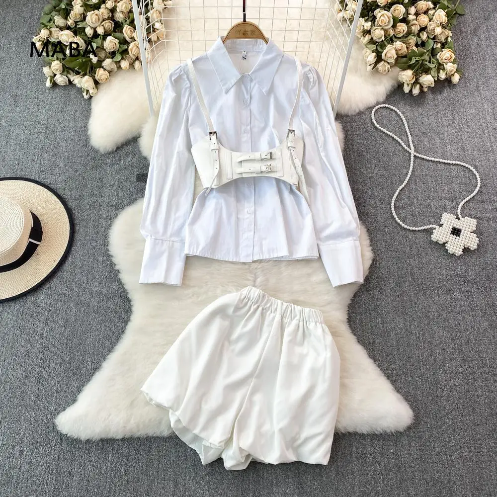 

Fashion Korean Shorts Three-piece Women Spring Autumn White Long Sleeved Shirt Blouse+pu Short Vest+loose Shorts Casual Simple