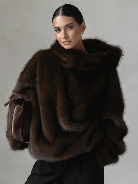 Furry Hooded Faux Fur Coats Women Loose Long Sleeve Warm Brown Pullovers 2025 Autumn Winter Lady Street Fashion Outwear 2