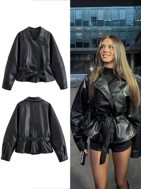 HH Women Fashion Black Short Faux Leather Trench Coat Long Sleeve Lapel Jacket With Belt Vintage Lady Motorcycle Jacket Outwear 1