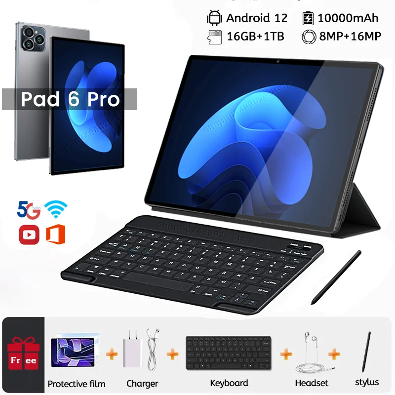 

Android Tablet Pad 6 Pro 10.1 Inch Original 16GB+1TB Snapdragon 870 Tablette with Keyboard 5G Dual SIM Card WIFI Global Tablets