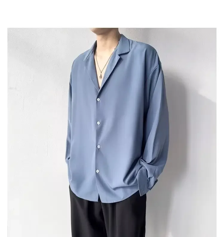 Koreanische Mode männer Hemd Frühling Sommer Neue Lose Beiläufige Lange ärmeln Revers High Street Männlichen Anzug Hemd Weiß schwarz Grau Grün – Detail 14