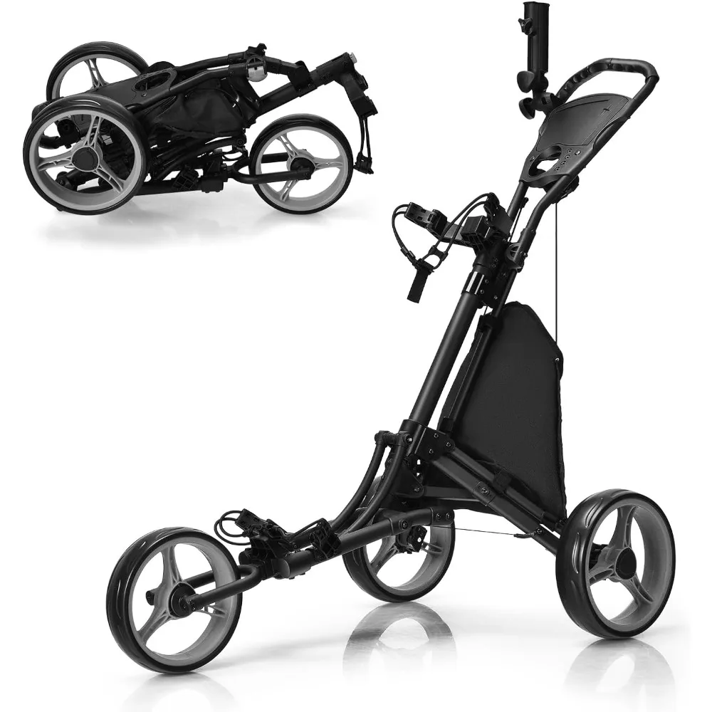 

Golf Push Pull Cart, Lightweight Aluminum Collapsible 3 Wheels Golf Push Cart, Golf Trolley with Elastic Strap, Foot Brake