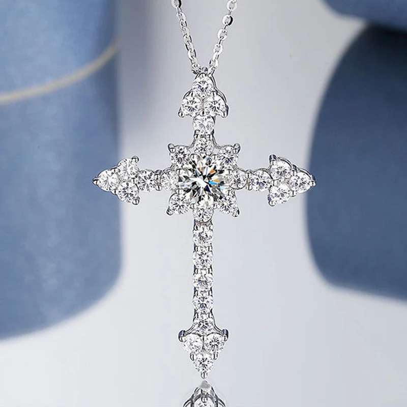 COSYA Real 1 Carat Moissanite Cross Pendant Necklace For Women 100% 925 Sterling Silver D Color Diamond Necklace Fine Jewelry