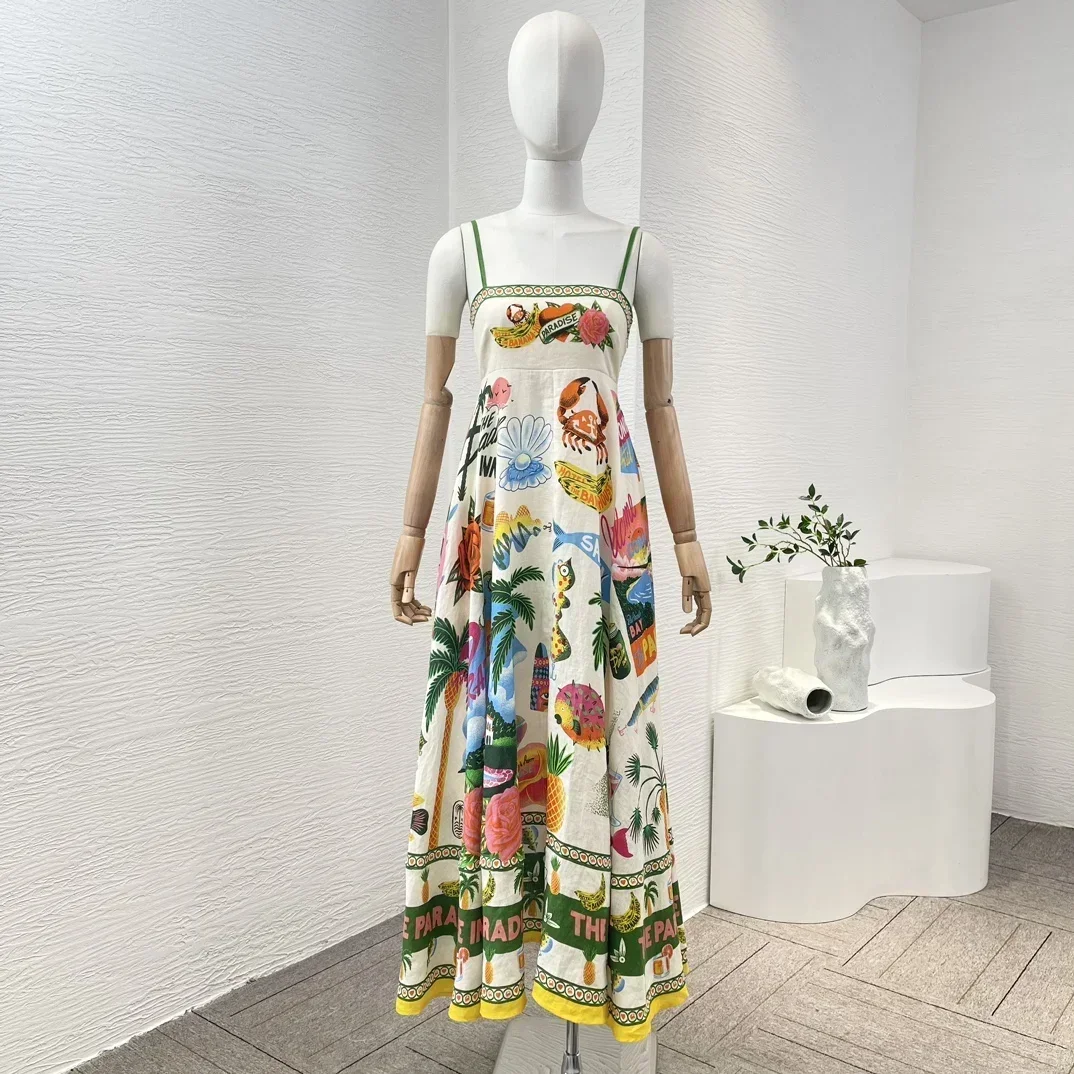 

Flax Top Quality 2024 New White Fruit Print Sleeveless Tube Stretchable Shirred Back Beach Style Women Casual Midi Dress