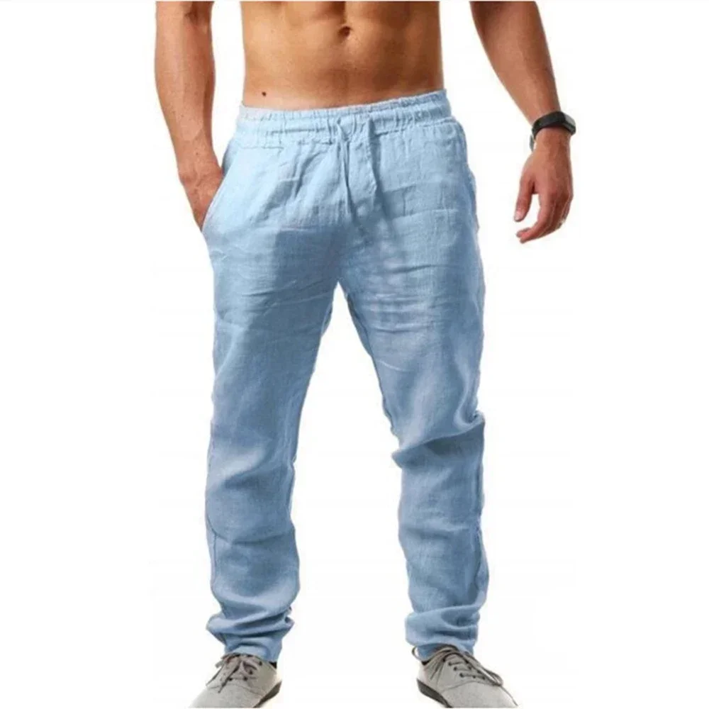 Men's Linen Pants Cotton Linen Long Pants Summer Casual Loose Drawstring Yoga Beach Trousers Breathable Elastic Waist Sweatpants 4