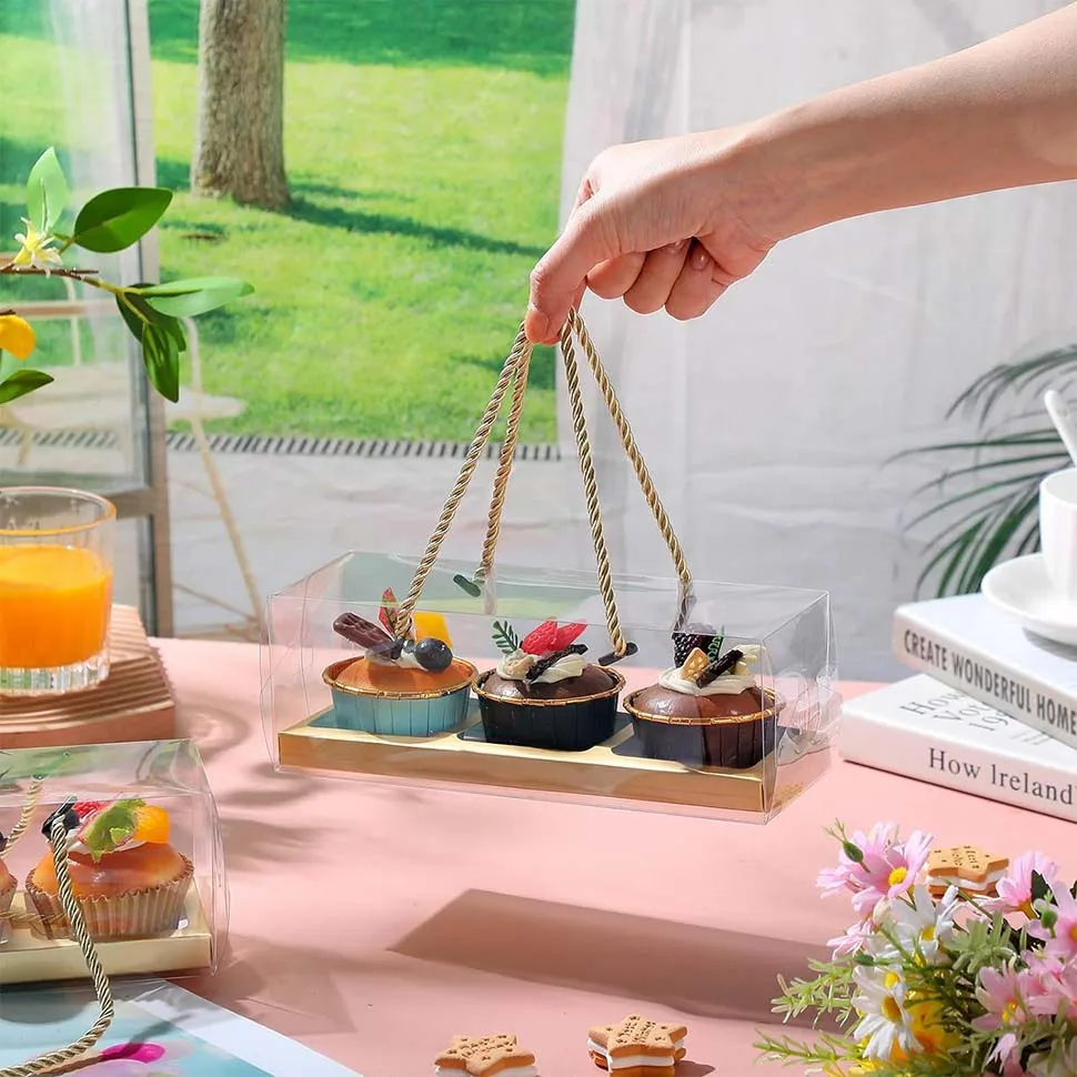 10Pcs Clear Cupcake Boxes with Rope Handles, Portable Rectangular 3-Compartment Cake Co... - SKU CBRH1150 - UGI Packaging