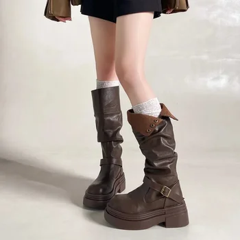 Women's High Knee Boots, Chunky Platform Stacked Rider Boots, Spring/Autumn Two-Way Edgy Fold-Over Cuff Fashion Design 1