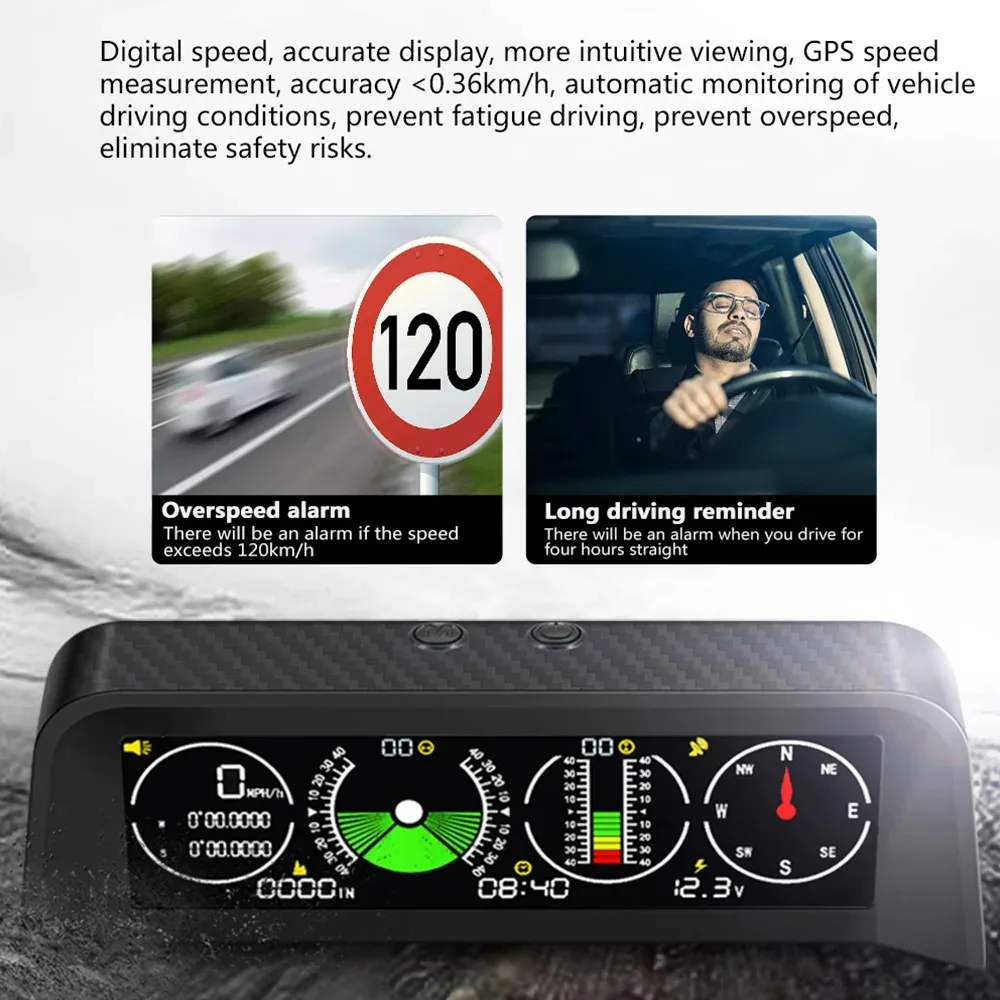 X90 GPS 속도 PMH KMH 스마트 경사계 자동차 나침반 HUD 피치 틸트 각도기 시계 위도 경도 12V