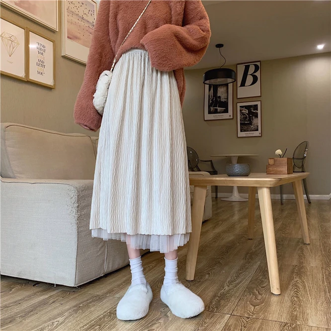 2021 Autumn Winter Woman Pleated Skirt New Mesh Double Side A-line Skirt Mid Length Skirt Versatile High Waist Slim Girl Beige crop top with skirt