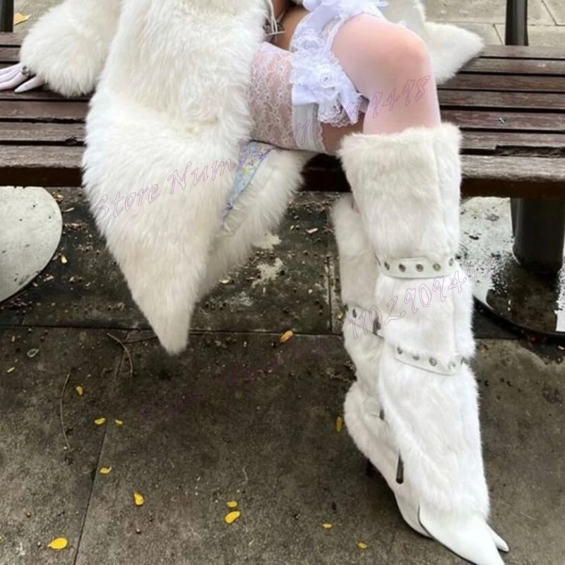

White Fluffy Strappy Knee High Boots Pointed Toe Shoes for Women Stilettos High Heels Sexy Lady Shoes 2024 Zapatos Para Mujere