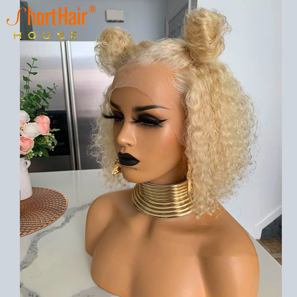 Human Hair Wigs Blonde Curly Pink Colored Short Bob Transparent Lace Bleached Knots Pre Plucked 613 Hair for Women
