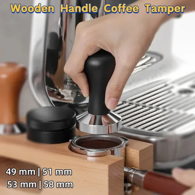 Coffee Tamper 49mm 51mm 53mm 58mm Wooden Handle Espresso Tamper Stainless Steel Coffee Tamper Press Flat Base Coffee Accessories