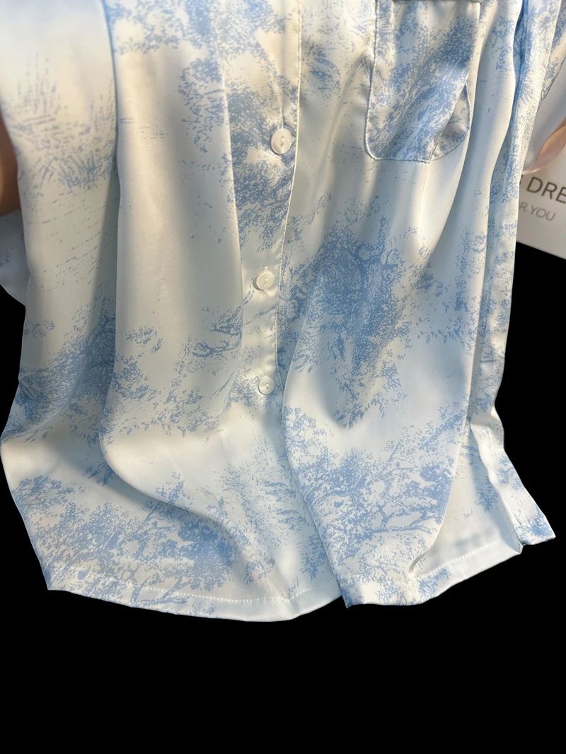 Korean Fashion Sleepwear Faux Satin Nightwear 2 Pieces Pyjamas Casual Pajama Set with Shorts Soft Smooth Ink Painting Outfits