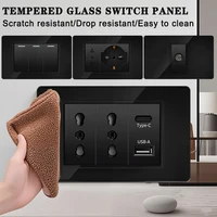 Italian Standard 118x75mm Black Tempered Glass Chile Schuko Outlet 16A Dual USB Type-C 20W Fast Charging for Home Office Kitchen 1