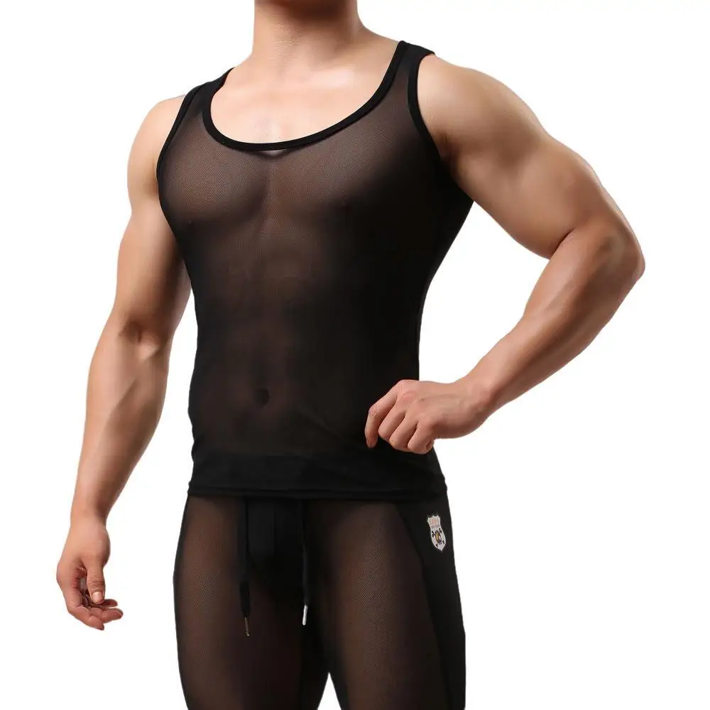Men Mesh T Shirt Transparent Undershirt Mens Tank Tops See-Through Sleeveless Shirt Sexy Men Singlets Bodybuilding Fitness Mesh Vest